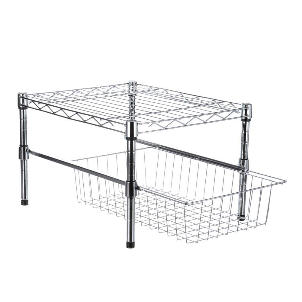 Expandable Chrome Stacking Cabinet Organizer with Pull-Out Basket