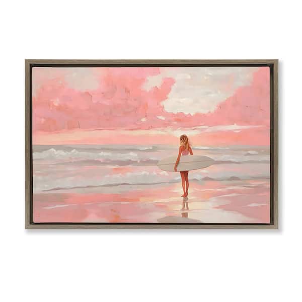 Pink Sky Surfer by LSR Design Studio Brown Floater Frame Coastal Graphic Art Print 17 in. x 25 in.
