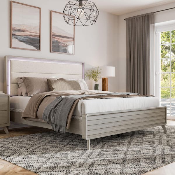 Furniture of America Sander Gray Wood Frame Queen Panel Bed with LED on Channel Upholstered Headboard