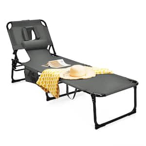 Black Beach Reclining Metal Outdoor Lounge Chair with 5 Adjustable Positions Detachable Pillow and Hand Ropes in Gray