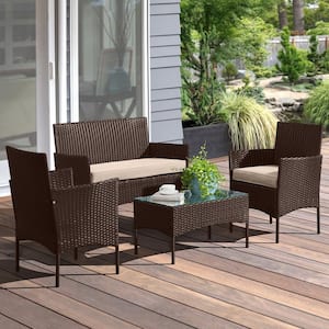 4-Piece Rattan Patio Furniture Set - Couch with Table and 2 Patio Chairs with Beige Removable Seat Cushions, Brown