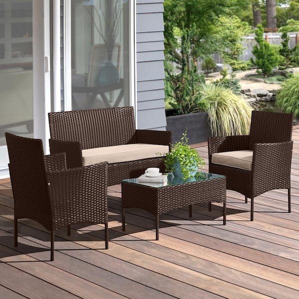 Pure Garden 4-Piece Rattan Patio Furniture Set - Couch with Table and 2 Patio Chairs with Beige Removable Seat Cushions, Brown
