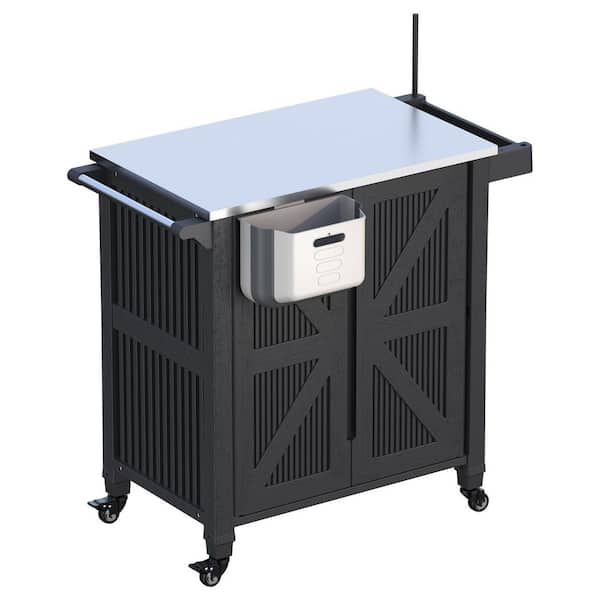 Black 31 in. Outdoor Grill Cart Portable Kitchen Island w/ Stainless Steel Tabletop, Side Storage Trash Can Side Storage