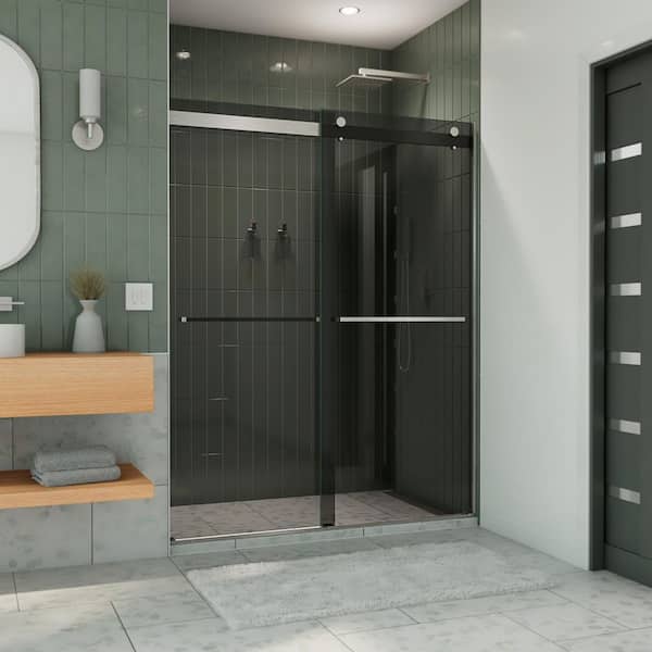 Essence 56 in. to 60 in. W x 76 in. H Sliding Frameless Shower Door in Brushed Nickel with Tinted Glass