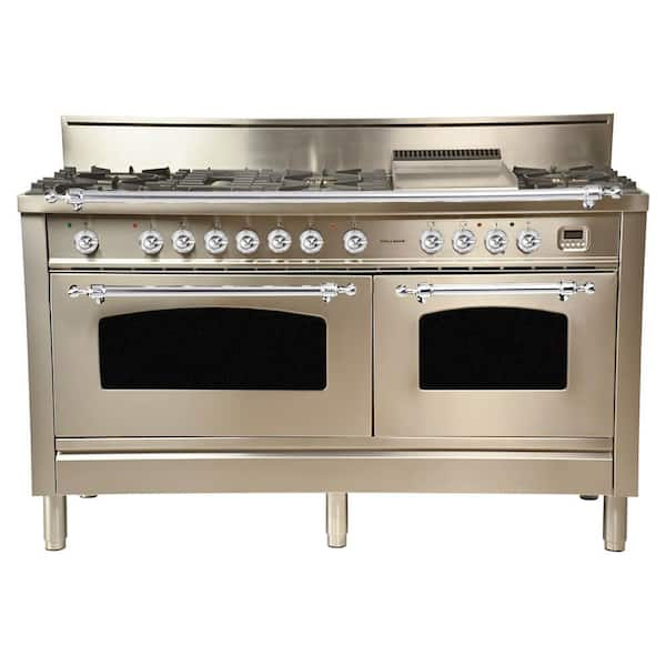 Hallman 60 In 6 Cu Ft Double Oven Dual Fuel Italian Range True Convection 8 Burners Griddle Chrome Trim Stainless Steel Hdfr60cmss The Home Depot