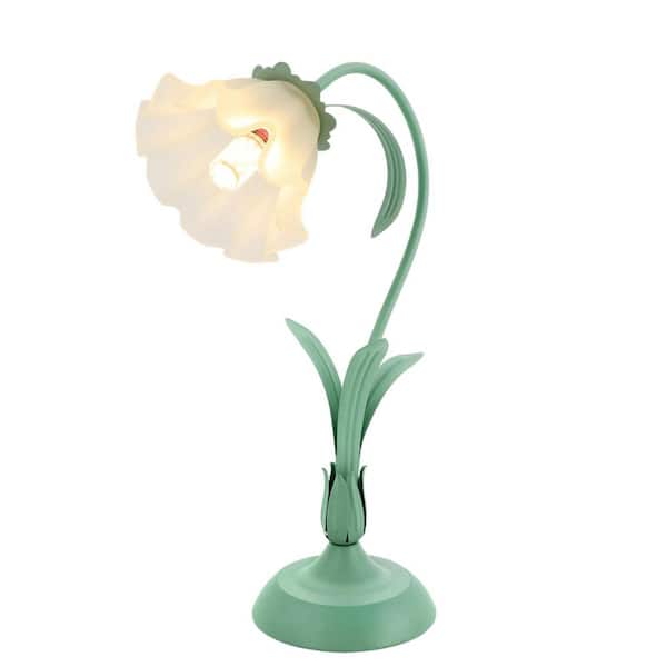 OUKANING 19.6 in. Green Flower Shaped Task and Reading Desk Lamp with Glass Lampshade