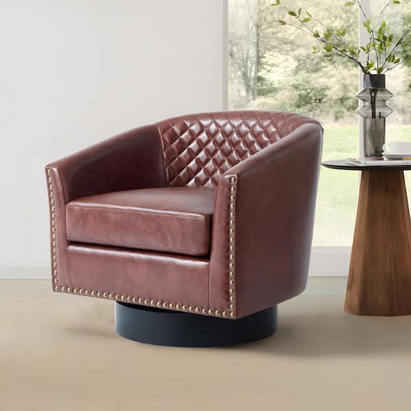 Red Brown PU Leather Upholstered 360°Swivel Arm Chair with Nailhead Trim (Set of 1)