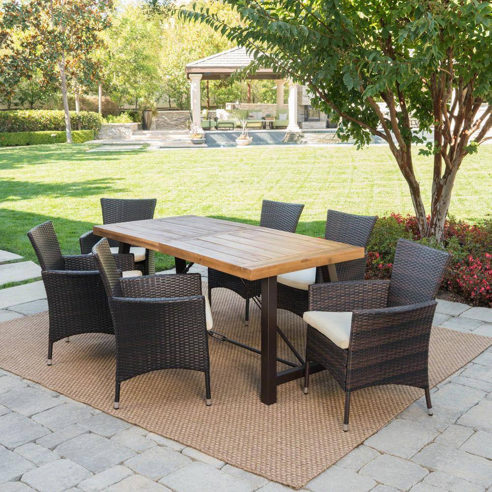 Teak and Multibrown 7-Piece Acacia Wood and Wicker Outdoor Dining Set