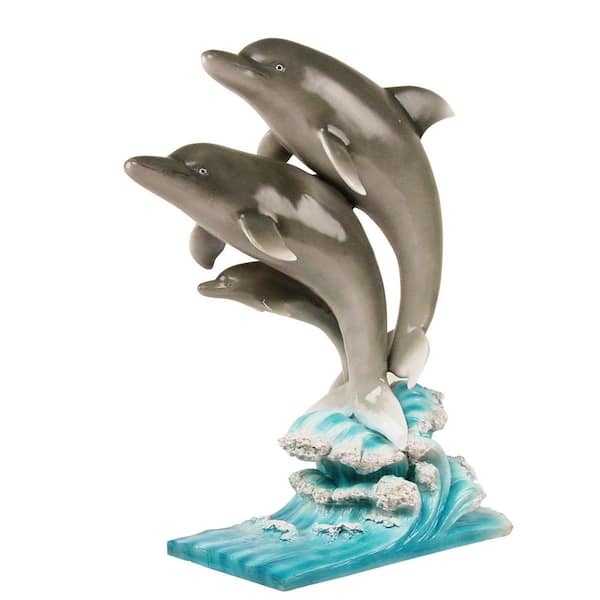 HOMESTYLES 13 in. Dolphins Jumping Ocean Waves Beach Statue
