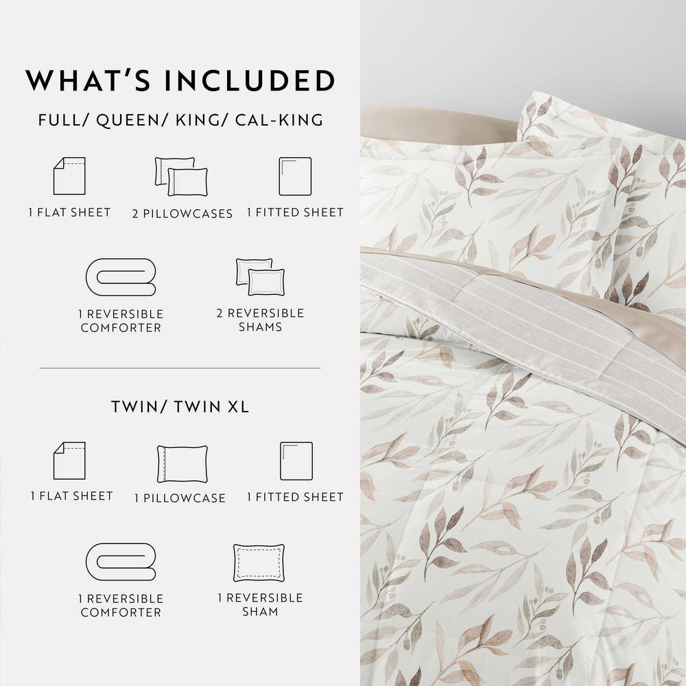 Ivory Floral Queen Microfiber Reversible Bedding Set
