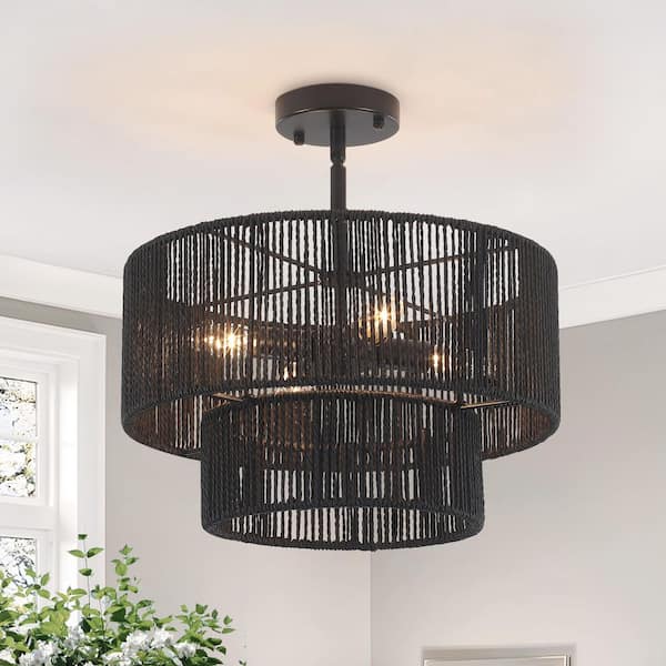 4-Light Matte Black Natural Rattan Double Tiered Pendant Light for Dining Rooms and Living Spaces