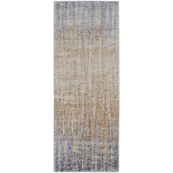 3 ft. X 12 ft. Tan and Brown and Blue Abstract Area Rug