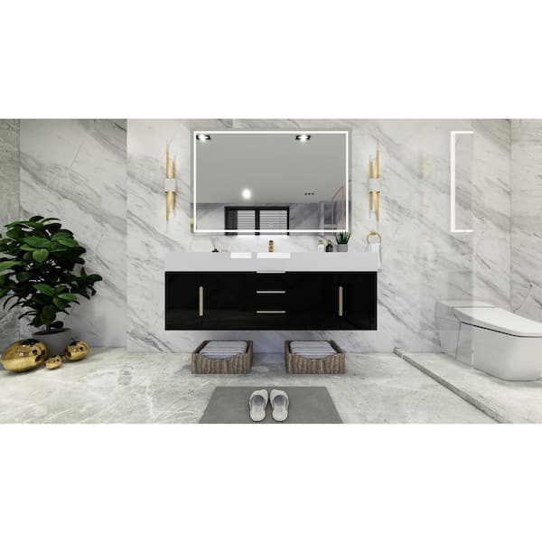 Bethany 59 in. W x 20 in. D x 22 in. H Single Sink Floating Bath Vanity in Gloss Black with White Acrylic Top