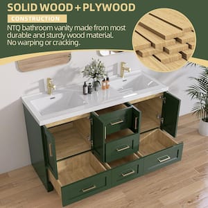 60 in. W x 22 in. D x 36 in.H Bathroom Vanity Double Sink Freestanding Bath Vanity Cabinet in Green with White Resin Top