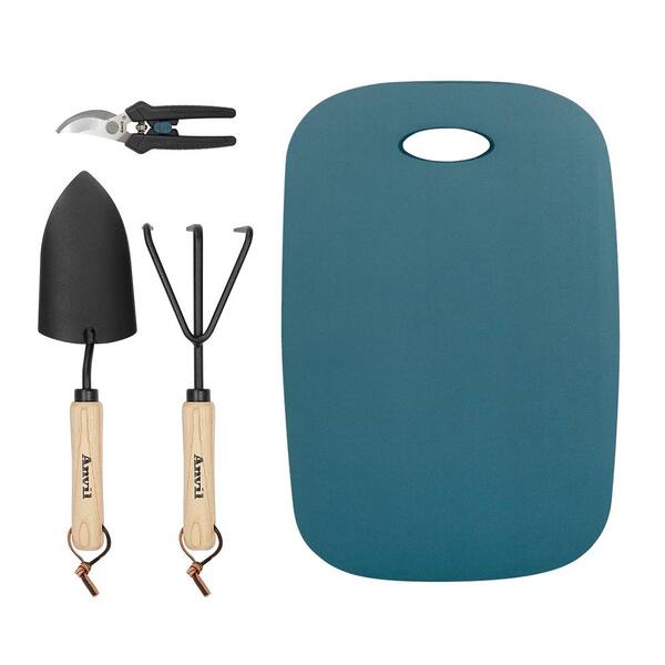Anvil 4-Piece Garden Tool Set - Backyard Cultivation Kit- with Trowel, Cultivator, 2.04 in. Pruning Shears, Kneeling Cushion