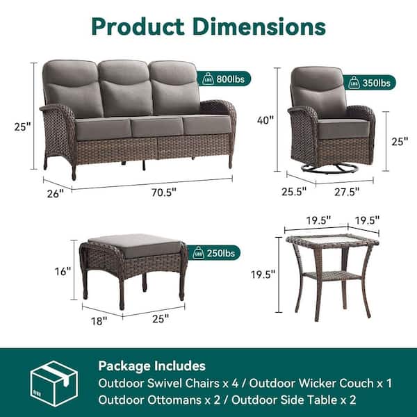 Moonridge 9-Piece Brown Wicker Patio Conversation Set with 6 in. Olefin Gray Cushions/Patio Swivel Chair with Sofa