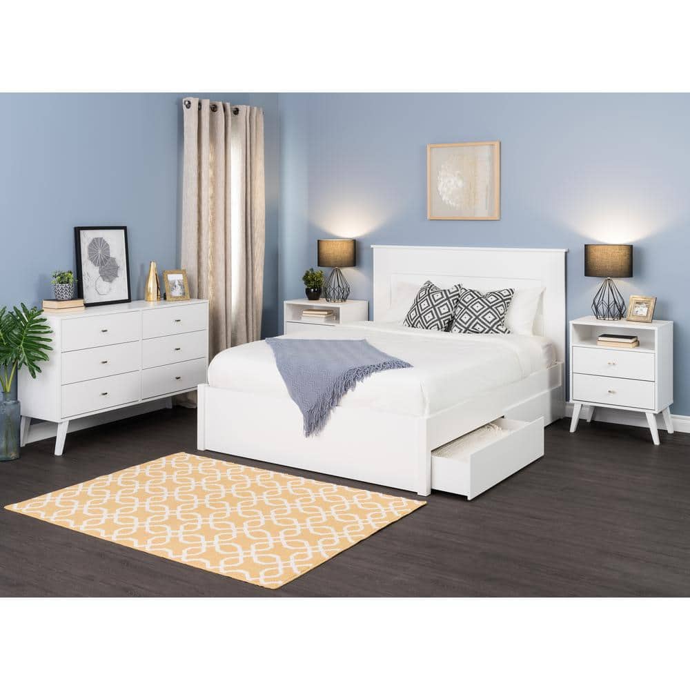 White Mid Century Modern 2 Drawer Nightstand with Shelf