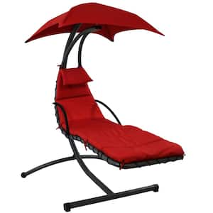 Floating Metal and Sling Outdoor Chaise Lounge with Canopy and Red Cushions