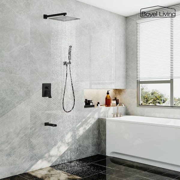 1-Spray Patterns with 2.5 GPM 12 in. Wall Mount Dual Shower Heads with Tub Spout, Pressure Balance Valve in Matte Black