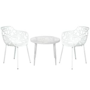 Devon 3-Piece Aluminum Set with Round Table with Glass Top Outdoor Dining and 2 Stackable Armchairs in White