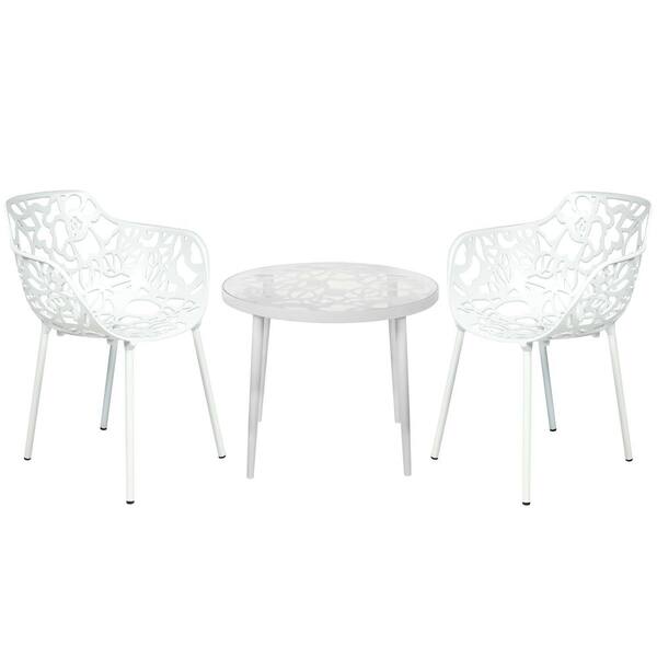 Leisuremod Devon 3-Piece Aluminum Set with Round Table with Glass Top Outdoor Dining and 2 Stackable Armchairs in White