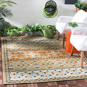 Veranda Green/Terracotta 8 ft. x 8 ft. Border Tribal Indoor/Outdoor Patio  Square Area Rug