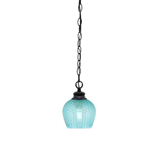 Unbranded Tyler 60-Watt 1-Light Matte Black Chain Mini Pendant Light with Turquoise Textured Glass Shade