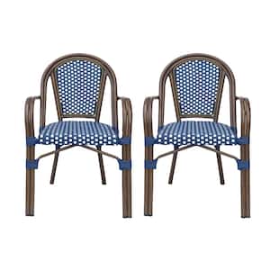 Cecil French Bistro Aluminum Outdoor Patio Dining Chair in Navy Blue and White (2-Pack)