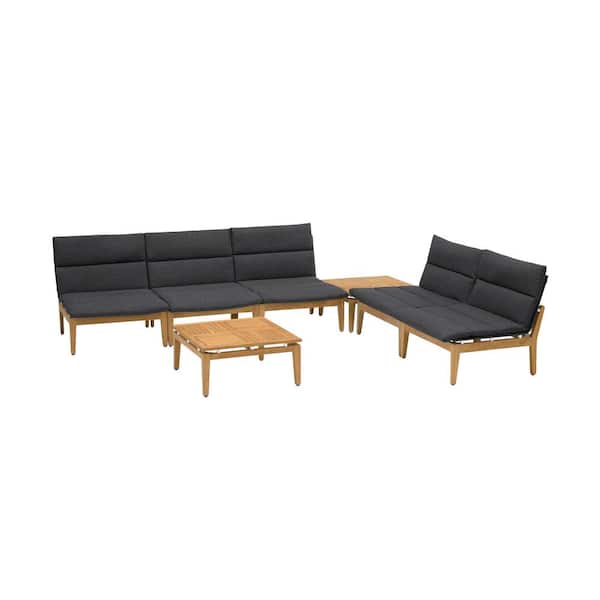 Armen Living Arno Outdoor 7 Piece Teak Wood Seating Set in Charcoal Olefin