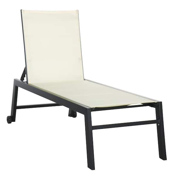 Zeus & Ruta Steel Outdoor Lounge Chair in White with 5-Position Reclining Backrest and 2 Wheels for Poolside, Beach, Lawn, Balcony