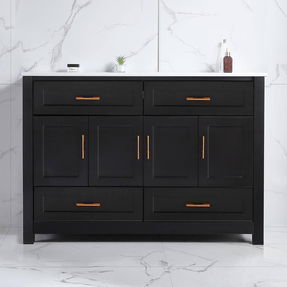 48 in. Single sink Four Doors Four Drawers Freestanding Black Bath Vanity with White Ceramic Top Unassembled
