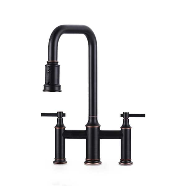 Brass Double Handle Bridge Kitchen Faucet with 3-Mode Pull-Down Sprayer and 1 or 3-Hole Install in Oil Rubbed Bronze