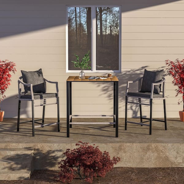 Grey 3-Piece Metal Patio Serving Bar Set with Cushions and Pillows, Bistro Set