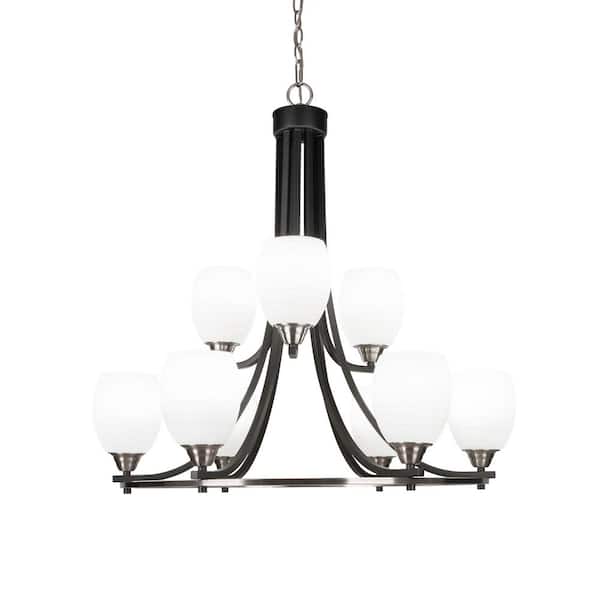 Unbranded Madison 9-Light Matte Black and Brushed Nickel Round Chandelier with 5 in. White Linen Glass Shades, No bulbs included
