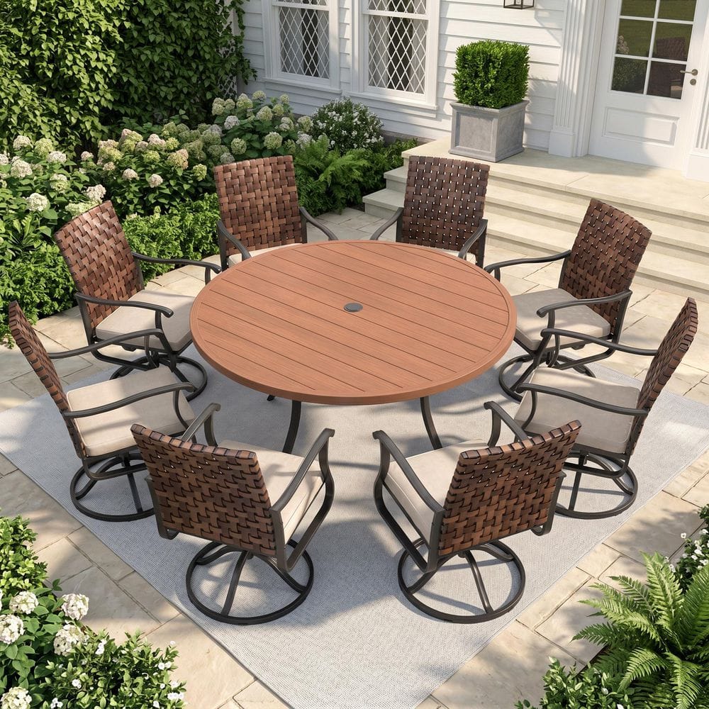 9-Piece Metal Outdoor Dining Set with 63 in. Walnut Round Table and 8 Brown Wicker Swivel Chairs with Cushions in Beige price history on PriceWatchPro