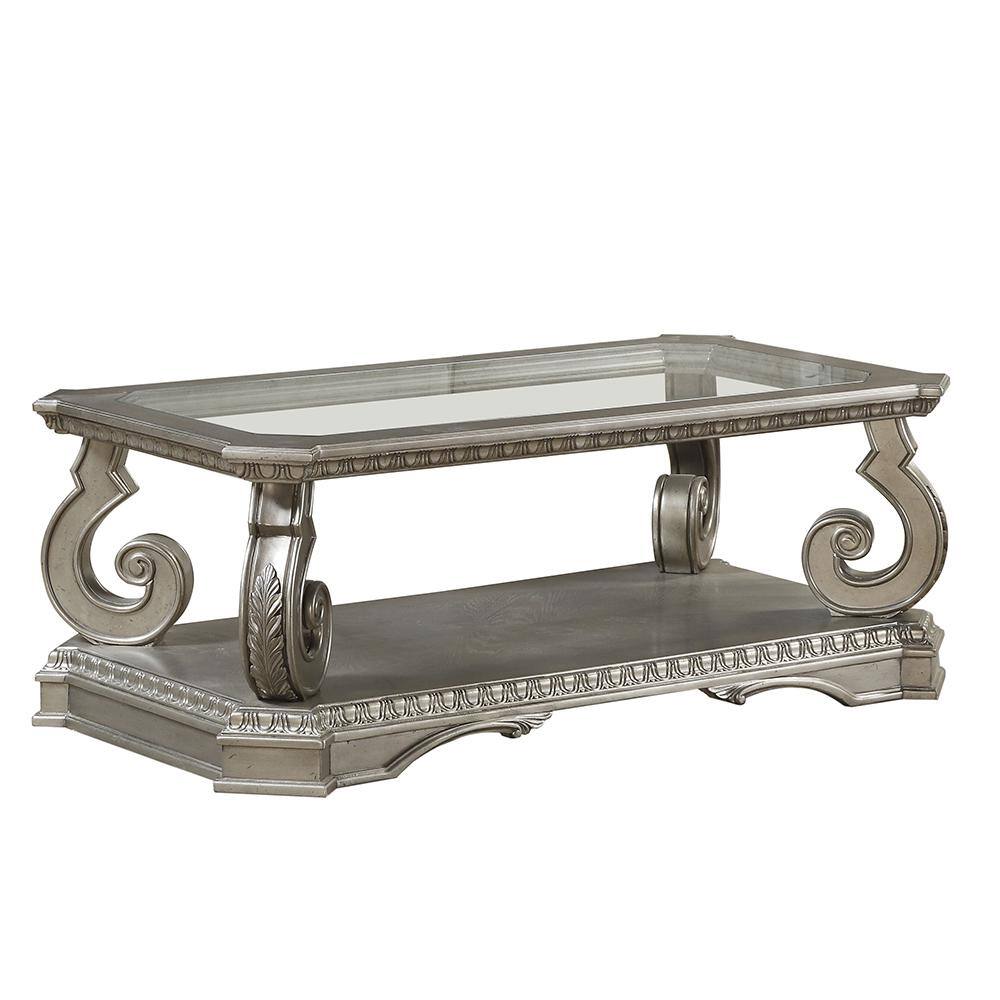 Silver Rectangular Wood and Glass Coffee Table with Storage