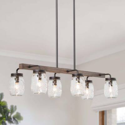 Modern Farmhouse 6-Light Brown Industrial Linear Island Chandelier with Mason Jar Seedy Glass Shade and Faux Wood Accent
