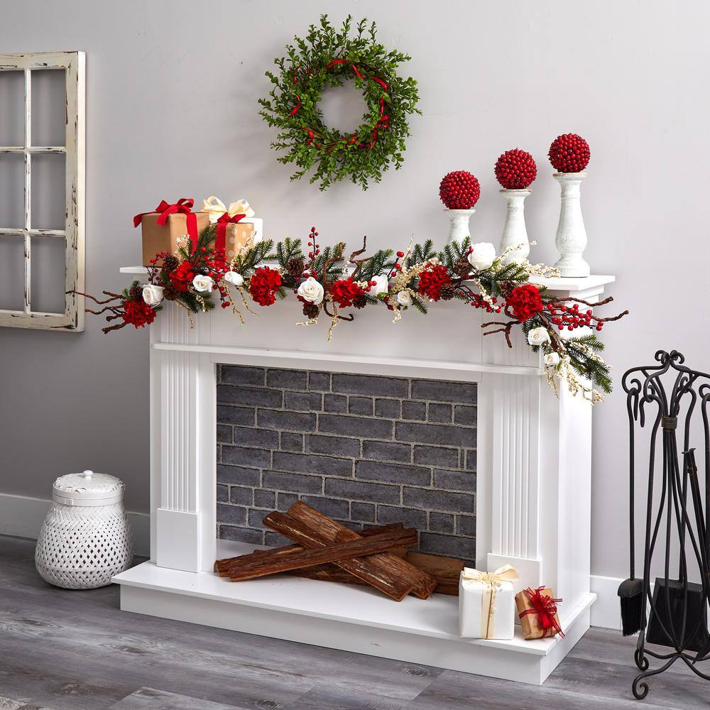 72-Inch Red and White Hydrangea Garland with Pinecones