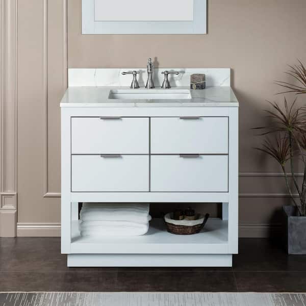 WOODBRIDGE Venice 43 in.W x 22 in.D x 38 in.H Bath Vanity in White with Engineered stone Vanity Top in Fish Belly with White Sink