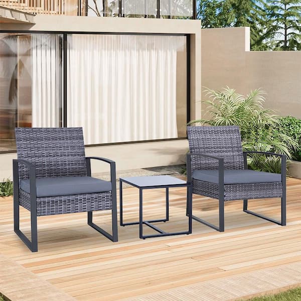 Unbranded 3-Piece Grey Rattan Wicker Patio Outdoor Bistro Set with Grey Cushions, 2-Chairs and 1-Tempered Glass Table
