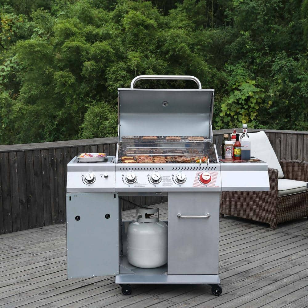 Stainless Steel 4-Burner Propane Gas Grill with Side Burner