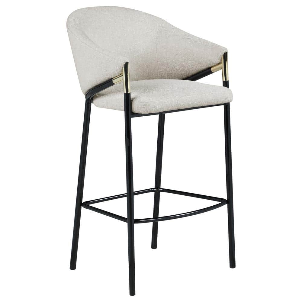 Beige Fabric and Black Metal Bar Height Stools with Sloped Arms
