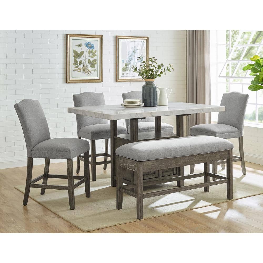 Grayson White Marble and Driftwood Counter Height Dining Set with Storage Bench