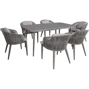 Providence 7-Piece Metal Outdoor Dining Set with 6 Rope Gray Cushions and 63-In. x 35-In. Faux Wood Table