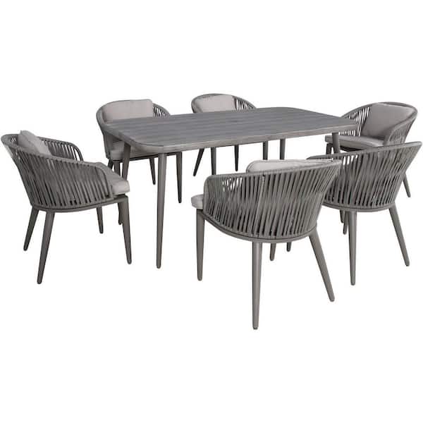 Hanover Providence 7-Piece Metal Outdoor Dining Set with 6 Rope Gray Cushions and 63-In. x 35-In. Faux Wood Table