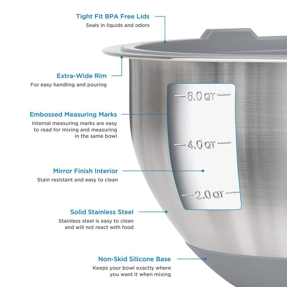 Viking 10-Piece Stainless Steel Mixing Bowl Set with Gray Lids