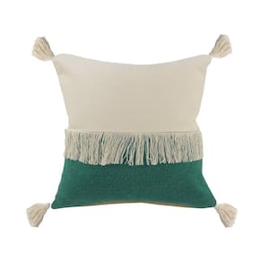 Festival Fringe Emerald Green/off-White Color Block Soft Poly-fill 20 in. x 20 in. Indoor Throw Pillow