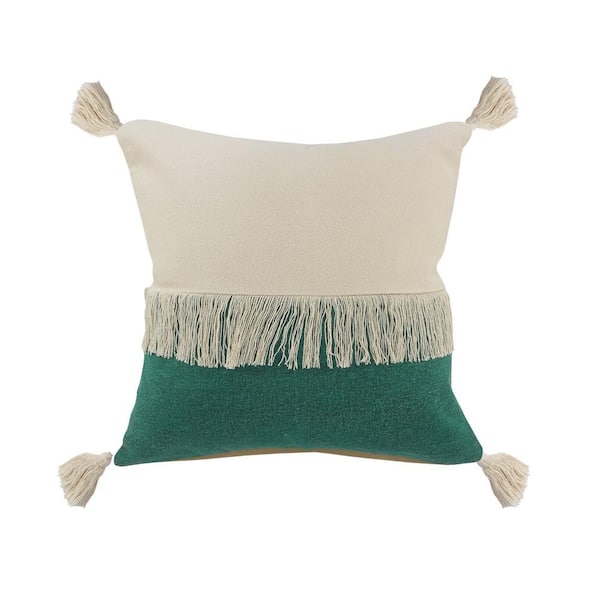 LR Home Festival Fringe Emerald Green/off-White Color Block Soft Poly-fill 20 in. x 20 in. Throw Pillow