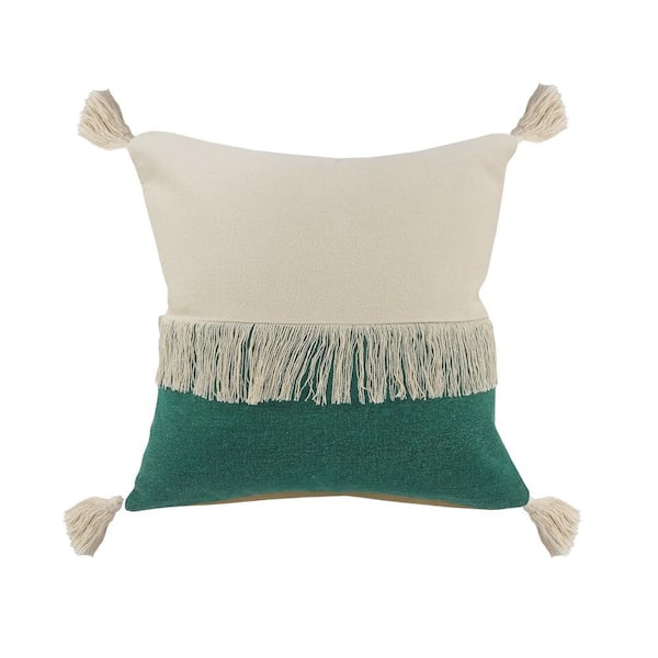 Unbranded Festival Fringe Emerald Green/off-White Color Block Soft Poly-fill 20 in. x 20 in. Indoor Throw Pillow