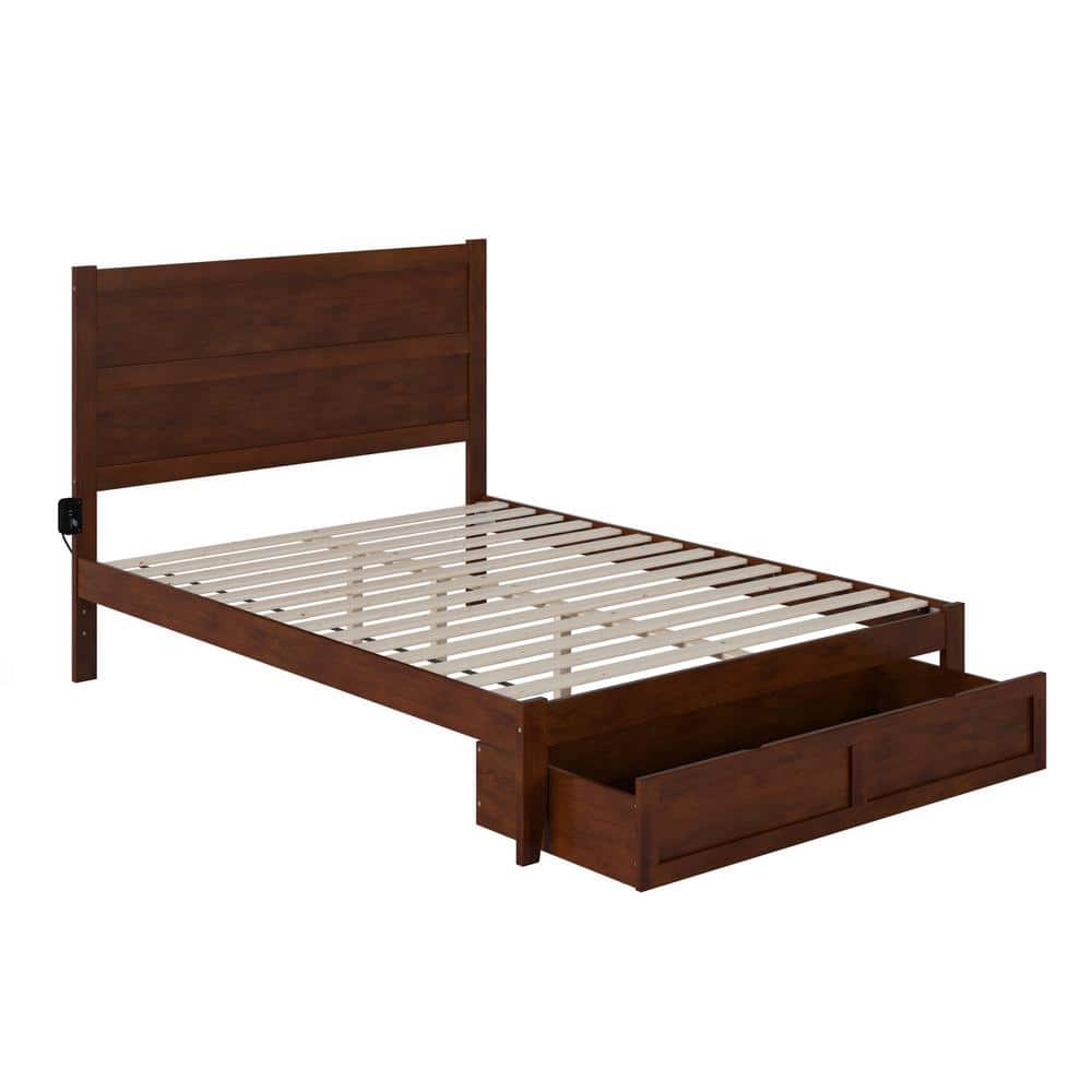 Walnut Queen Wood Platform Bed with Foot Drawer